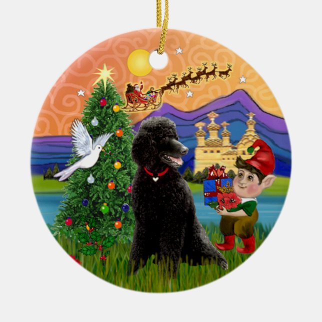 Ornamento De Cerâmica Xmas Fantasy - Black Standard Poodle (Frente)