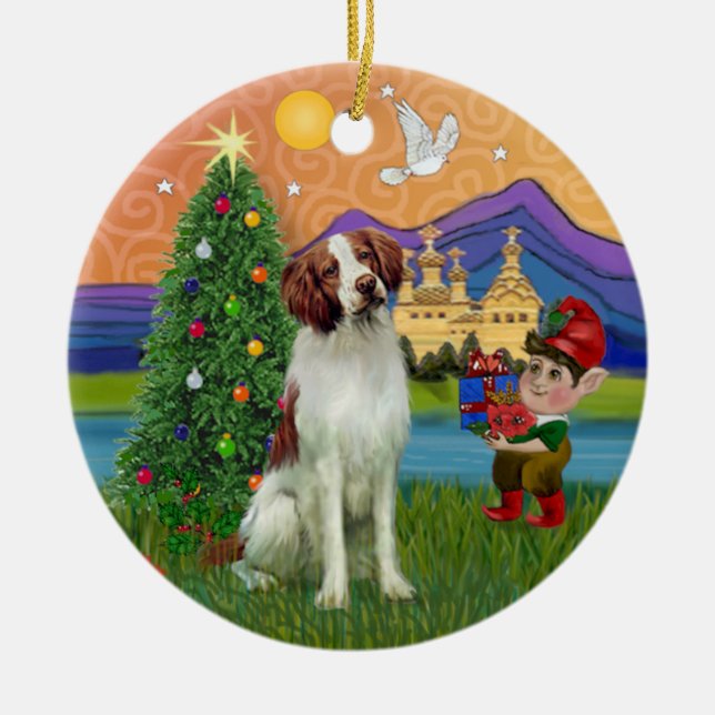 Ornamento De Cerâmica Xmas Fantasy - Brittany Spaniel (Frente)