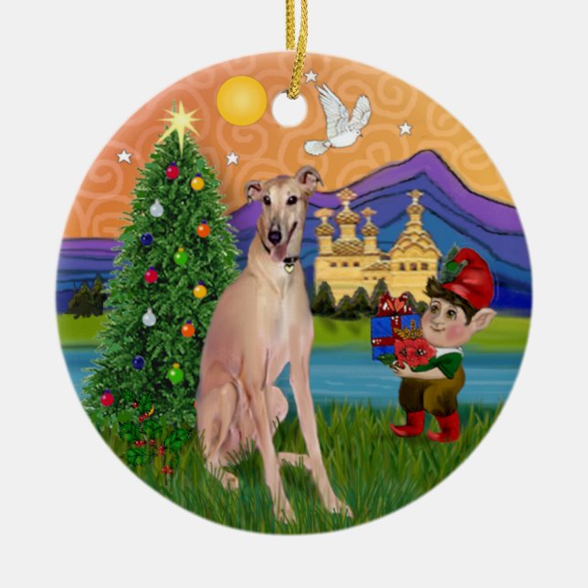 Ornamento De Cerâmica Xmas Fantasy - Fawn Greyhound (Sessão) (Frente)
