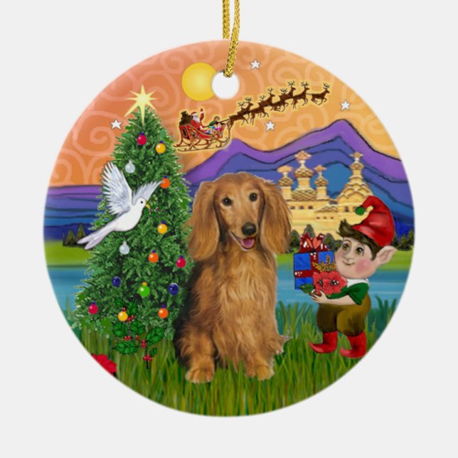 Ornamento De Cerâmica Xmas Fantasy - Long Haired Sable Dachshund (Frente)