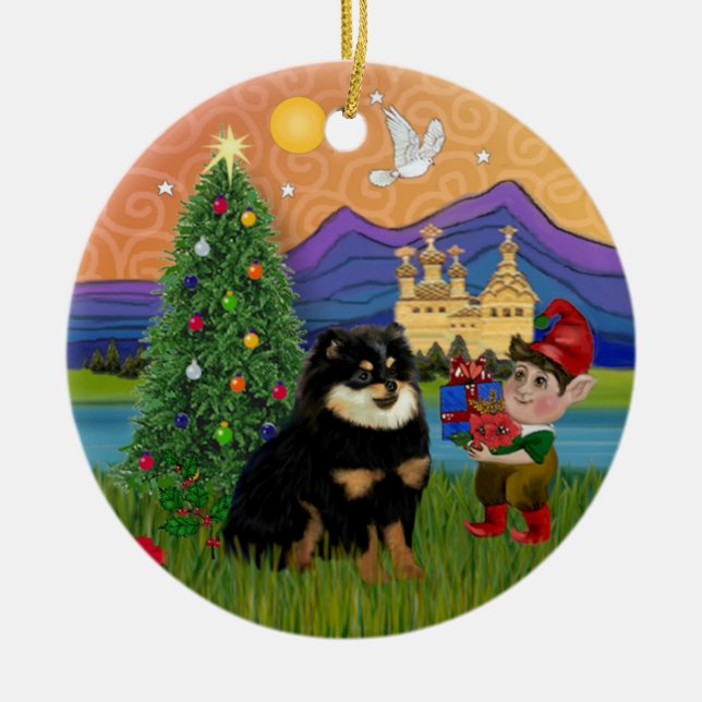 Ornamento De Cerâmica Xmas Fantasy - Pomeraniano (preto e bronzeado) (Frente)