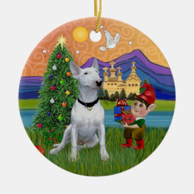 Ornamento De Cerâmica Xmas Fantasy - White Bull Terrier (P) (Frente)