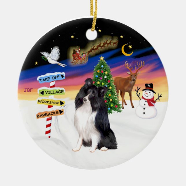 Ornamento De Cerâmica Xmas Magic - Bi Black Shetland Sheepdog (Frente)