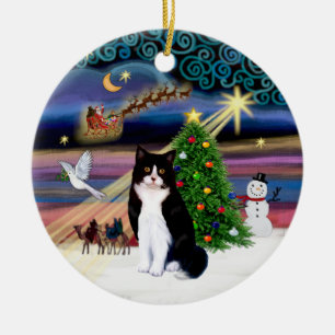 Ornamento De Cerâmica Xmas Magic - Black and White cat