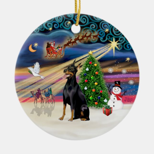 Ornamento De Cerâmica Xmas Magic - Doberman (preto-tan) (Frente)