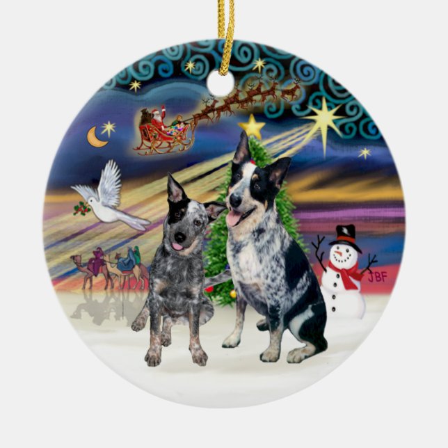 Ornamento De Cerâmica Xmas Magic - Dois Cães de Bovinos Australianos (Frente)