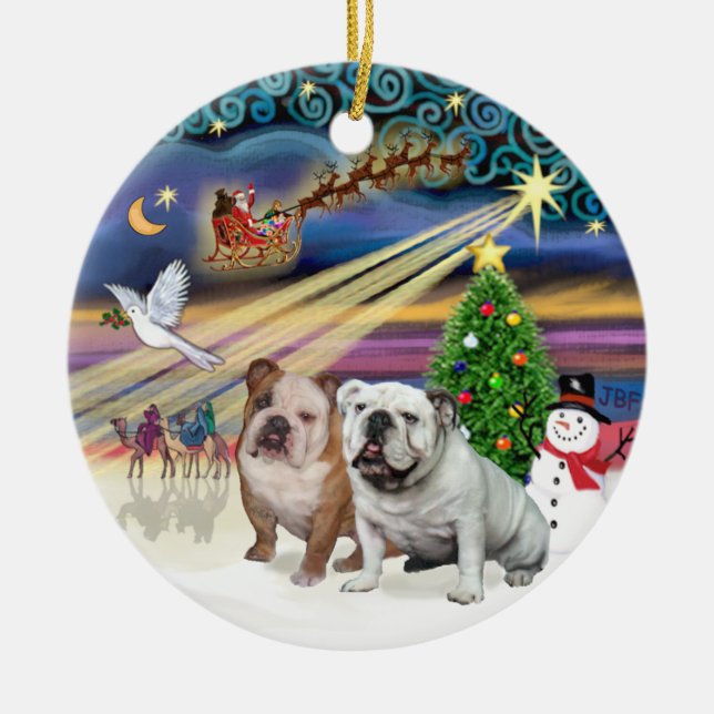 Ornamento De Cerâmica Xmas Magic (R) - Dois Bulldog Ingleses (Frente)