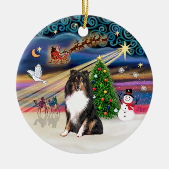 Ornamento De Cerâmica Xmas Magic - Shetland Sheepdog (tri) (Frente)