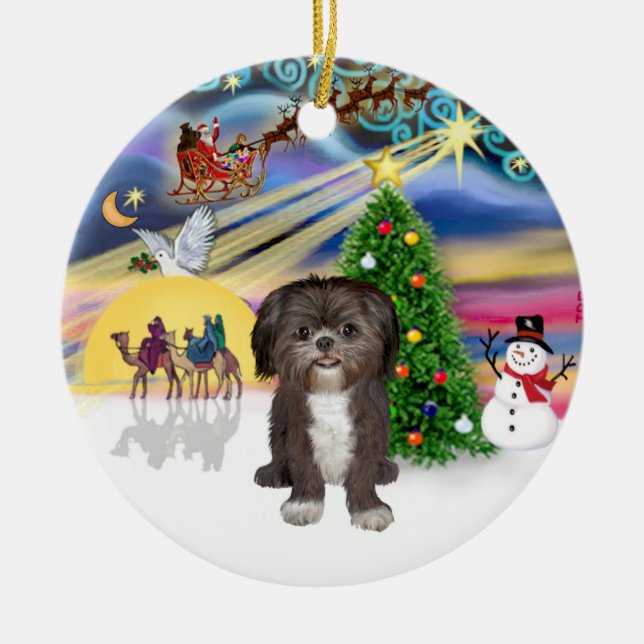 Ornamento De Cerâmica Xmas Magic - Shih Tzu (castanho/branco) (Frente)