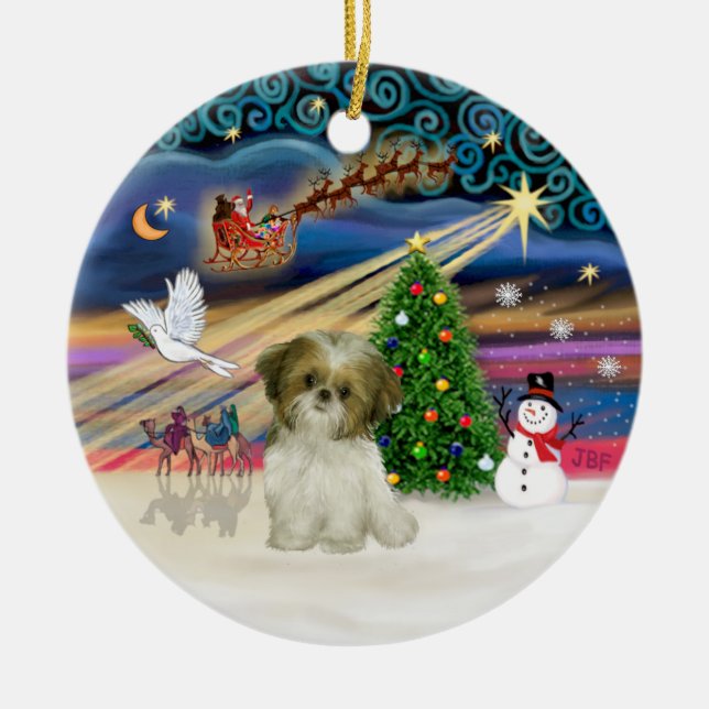 Ornamento De Cerâmica Xmas Magic - Shih Tzu Puppy (branco-castanho) (Frente)