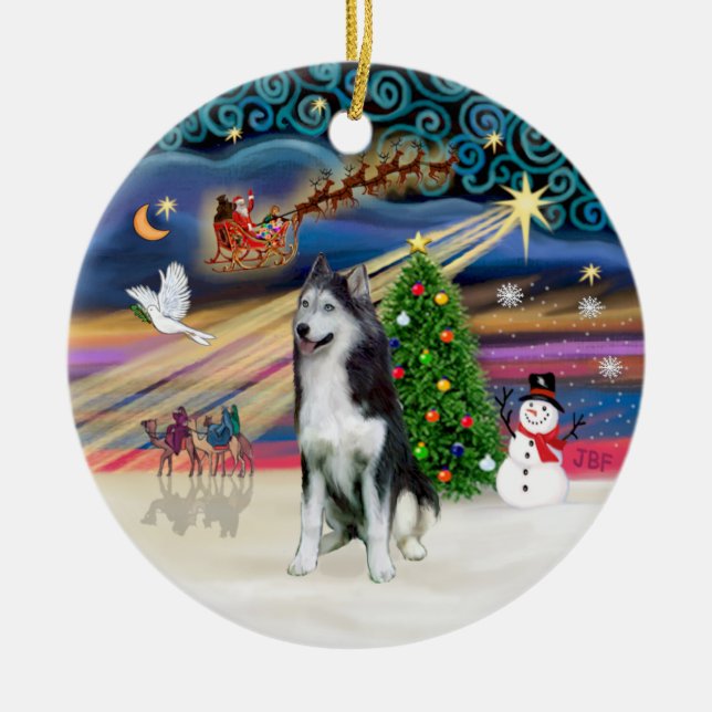 Ornamento De Cerâmica Xmas Magic - Siberian Husky 2 (Frente)