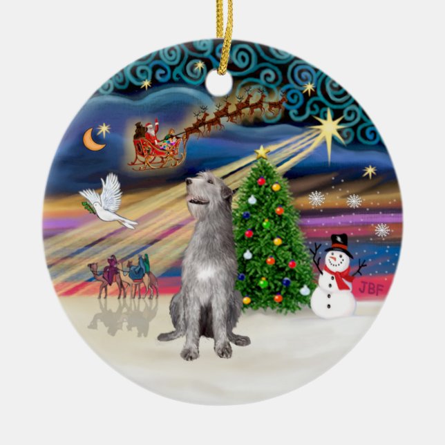 Ornamento De Cerâmica Xmas Magic - Wolfhound Irlandês (Frente)