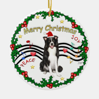 Ornamento De Cerâmica Xmas Music 1 - Border Collie (Chapéu Santa)