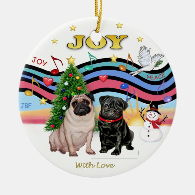 Ornamento De Cerâmica Xmas Music 1 - Dois Pugs (Frente)