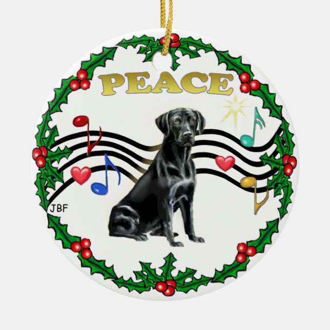 Ornamento De Cerâmica Xmas Music 1 - Labrador (preto) (Frente)