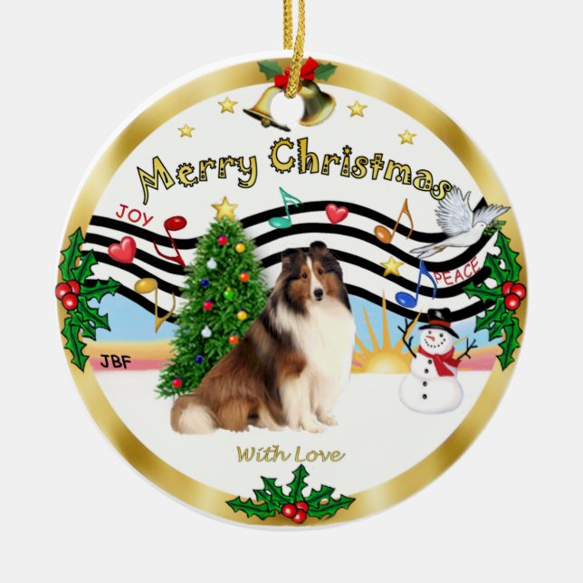 Ornamento De Cerâmica Xmas Music 1 - Shetland Sheepdog nº 7 (Frente)