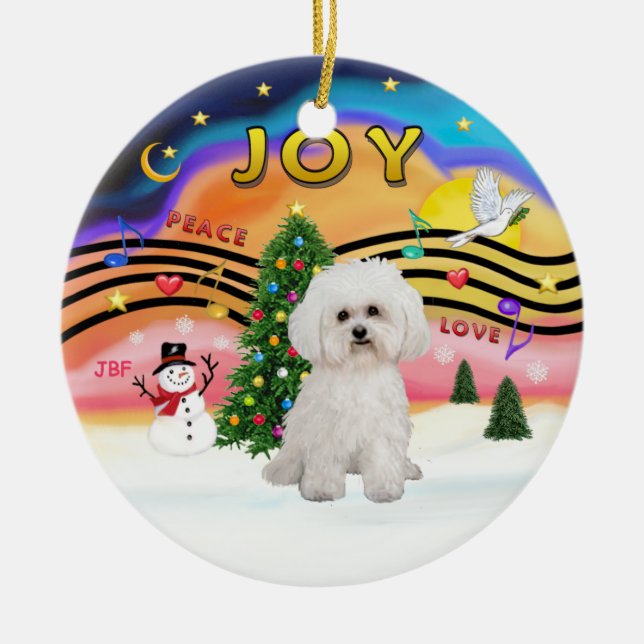 Ornamento De Cerâmica Xmas Music 2 - Bichon Frise 2 (Frente)