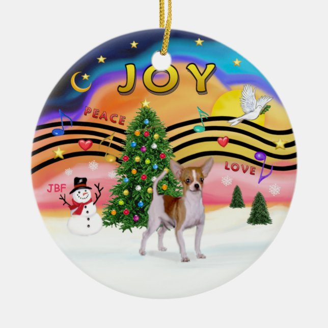 Ornamento De Cerâmica Xmas Music 2 - Chihuahua (branco-castanho) (Frente)