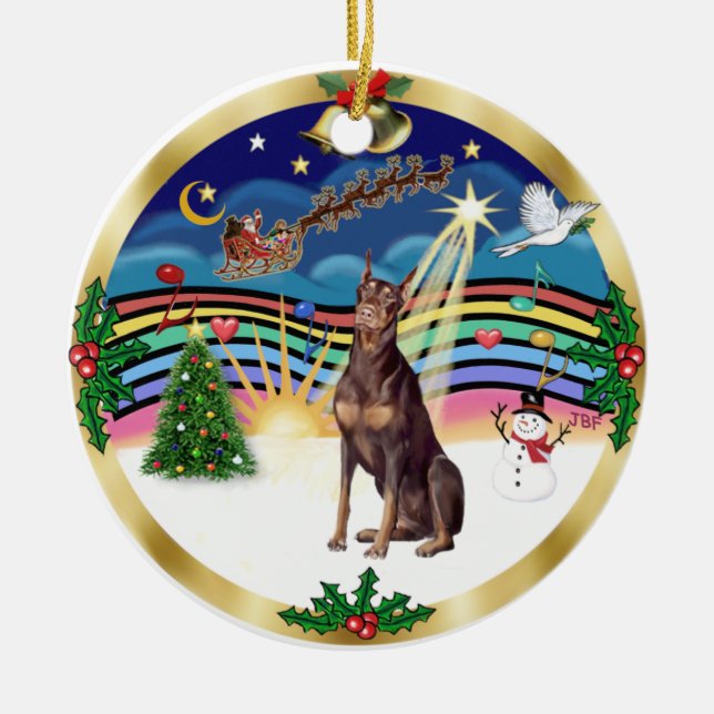 Ornamento De Cerâmica Xmas Music 3 - Doberman Vermelho (Frente)