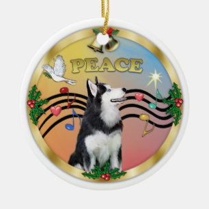 Ornamento De Cerâmica Xmas Music 3 - PEACE - Siberian Husky 1