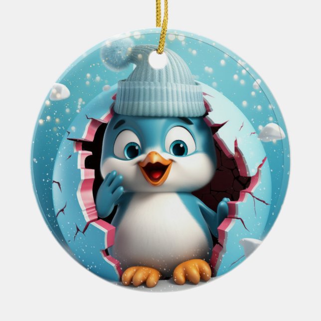 Ornamento De Cerâmica Xmas Pinguins 3D Bonitos (Frente)
