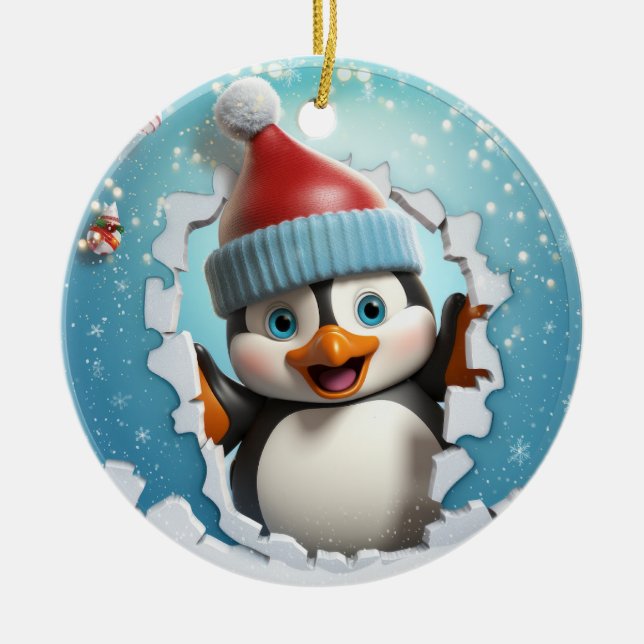 Ornamento De Cerâmica Xmas Pinguins 3D Bonitos (Frente)