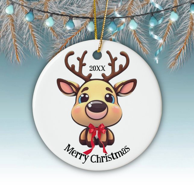 Ornamento De Cerâmica Xmas Reindeer, veado com chifres, desenho animado (Customizable Baby ReinDeer Funny Fawn Doe Xmas Merry Christmas White Round Deer Ceramic Ornament🦌🎄)