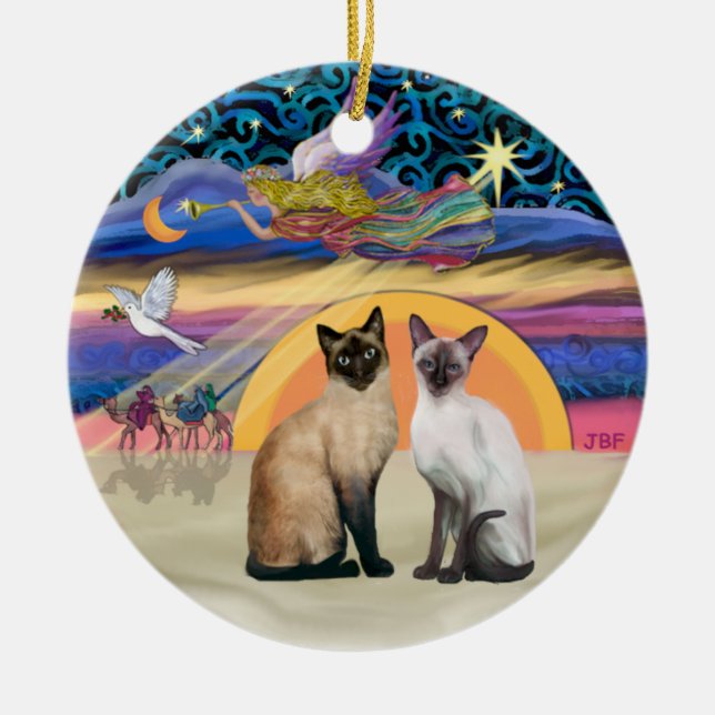 Ornamento De Cerâmica Xmas Star - Dois gatos siameses (Frente)