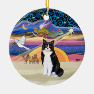 Ornamento De Cerâmica Xmas Star - Gato Tuxedo preto e branco