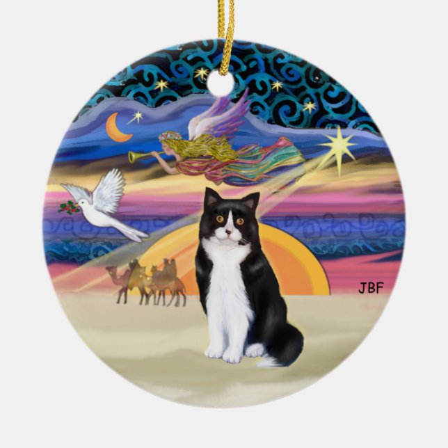 Ornamento De Cerâmica Xmas Star - Gato Tuxedo preto e branco (Frente)