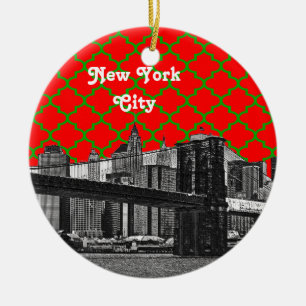 Ornamento De Cerâmica Xmas vermelho de Grn Quatrefoil da ponte de NYC