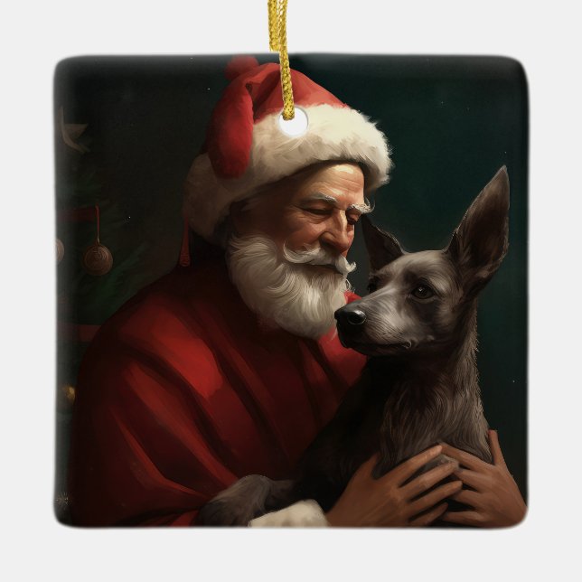 Ornamento De Cerâmica Xoloitzcuintli com Papai Noel Natal Festivo (Frente)