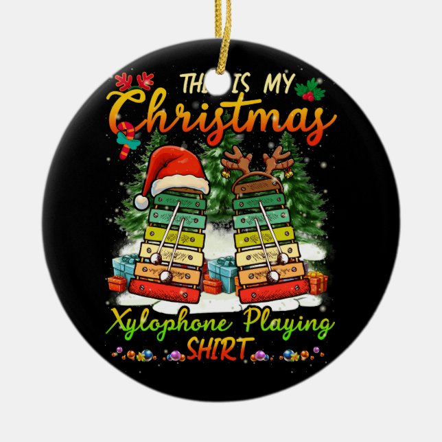 Ornamento De Cerâmica Xylofone de Natal Reproduzindo Três Papais noeis E (Frente)