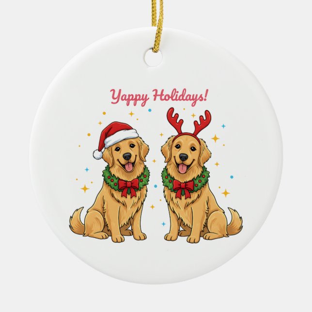 Ornamento De Cerâmica Yappy Holidays Golden Retriever Golden Xmas (Frente)