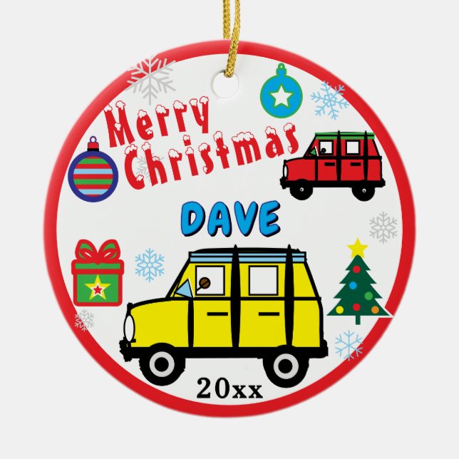 Ornamento De Cerâmica Yellow and Red Cars PHOTO NAME (Frente)