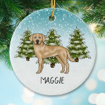 Ornamento De Cerâmica Yellow Labrador Retriever Blue Winter Custom Name<br><div class="desc">A ilustração original do desenho animado de Destei de um cachorro da raça Labrador Retriever, amarelo fofo. O cão é colocado numa cena de inverno com árvores de abeto verde e neve caindo. O fundo é um gradiente azul a branco que dá à design aquele olhar frio do dia de...</div>