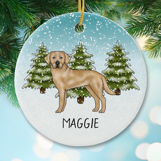 Ornamento De Cerâmica Yellow Labrador Retriever Blue Winter Custom Name (Criador carregado)