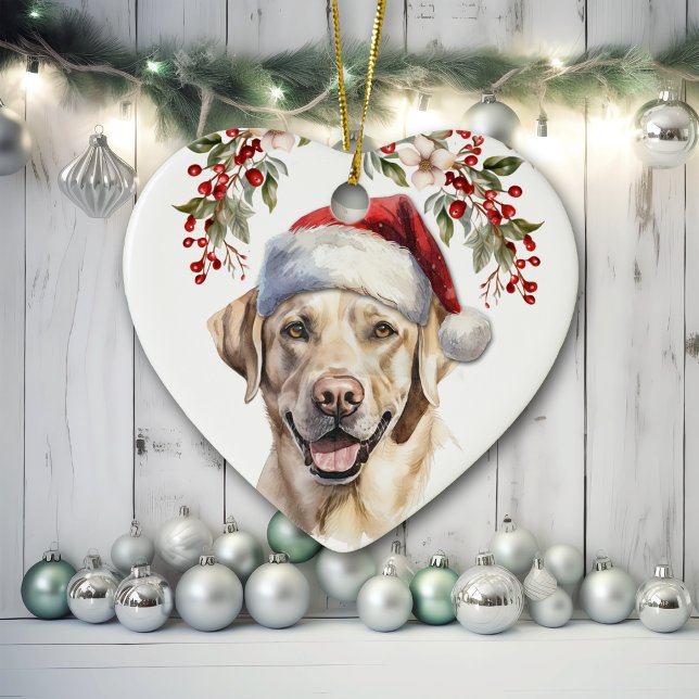 Ornamento De Cerâmica Yellow Labrador Retriever Dog Holly Wreath (Criador carregado)
