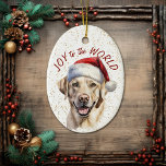 Ornamento De Cerâmica Yellow Labrador Retriever Dog Joy to the World<br><div class="desc">Na frente deste ornamento de Feriado está uma bela imagem de um cachorro Labrador Retriever amarelo em um chapéu de Papai Noel. Atrás da imagem está um fundo de aspersão de confete dourado. O texto vermelho diz "Joy to the World". A parte de trás do ornamento tem o mesmo plano...</div>