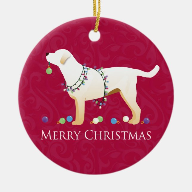 Ornamento De Cerâmica Yellow Labrador Retriever Feliz Design de Natal (Frente)