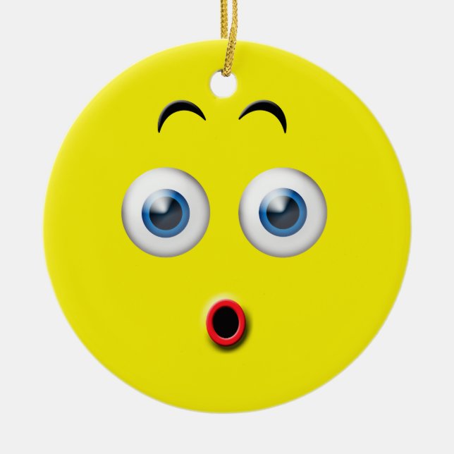 Ornamento De Cerâmica Yellow Wow Surprated Emoji Custom Name (Frente)