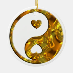 Ornamento De Cerâmica Yin & Yang / Corações de ouro