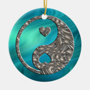 Ornamento De Cerâmica Yin & Yang / Hearts SILVER ondas bluegreen