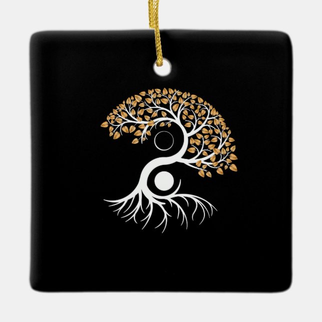 Ornamento De Cerâmica Yin Yang Tree - Folhas de Ouro (Frente)