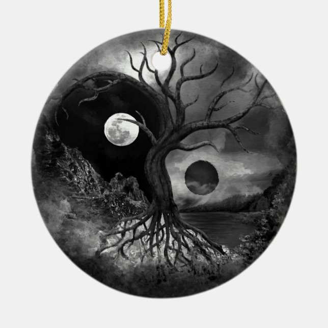 Ornamento De Cerâmica Yin Yang Tree Landscape Black and White (Frente)