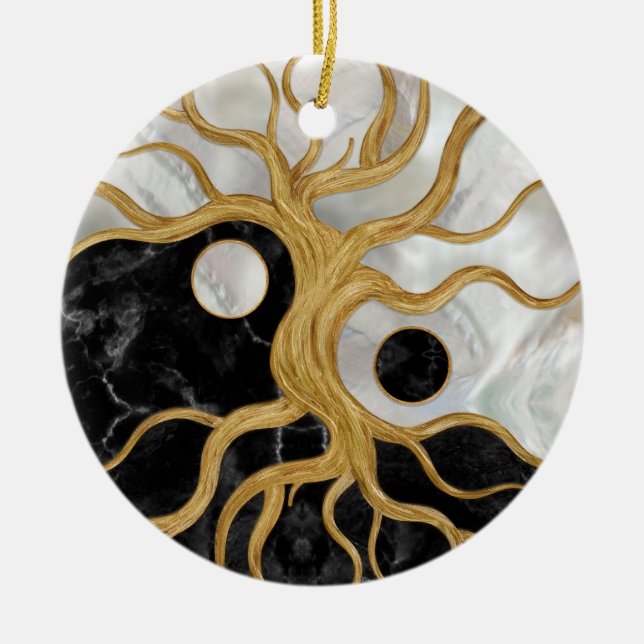 Ornamento De Cerâmica Yin Yang Tree of life - Marbles and Gold (Frente)