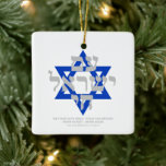 Ornamento De Cerâmica Yisrael Chai hebraico tipografia cinza texto azul<br><div class="desc">Sou Yisrael Chai hebrew texto com texto personalizado de cinza prata e Estrela Azul de David em fundo branco em um lado do ornamento. Bandeira de Israel do outro lado do ornamento. Disponível em muitas formas e materiais. Am Yisrael Chai, As pessoas de Israel vivem, a nação de Israel vive...</div>