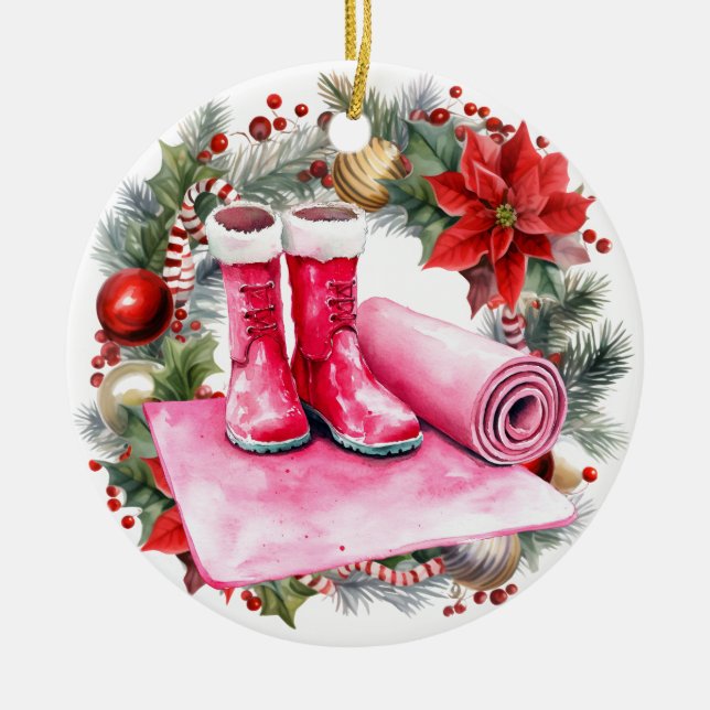 Ornamento De Cerâmica Yoga Natal Papai Noel Calçados no tapete yoga (Frente)