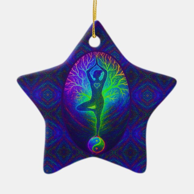 Ornamento De Cerâmica Yoga Tree Peace Rainbow (Frente)