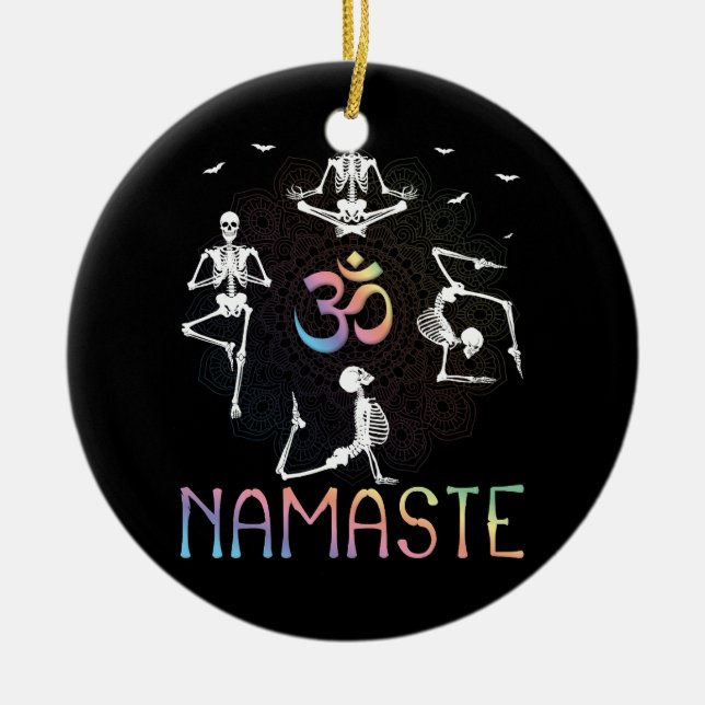 Ornamento De Cerâmica Yoga Zen Halloween Namaste Skeletons Bruxas Medit (Frente)